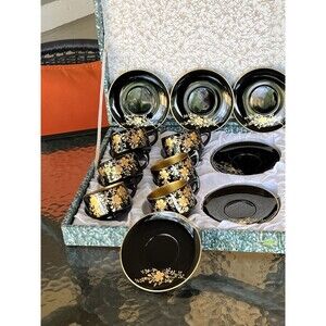 VTG 1940-50 Era Lacquer Tea Set- Set Of 6 Cups/saucers